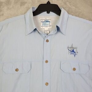 Guy Harvey Mens Fishing Shirt XL Vented Pockets Button Up Blue Short Sleeve